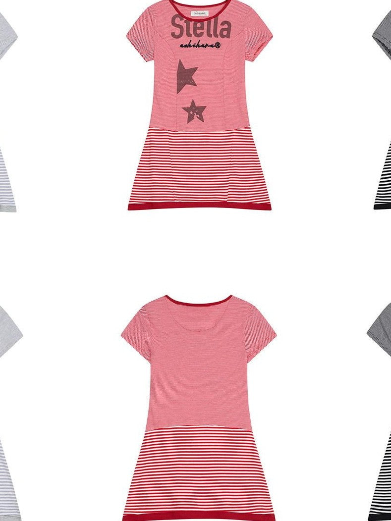 Achihara Star Striped Splice Short Sleeve T Shirt Women'S Cotton Casual Mini Dresses