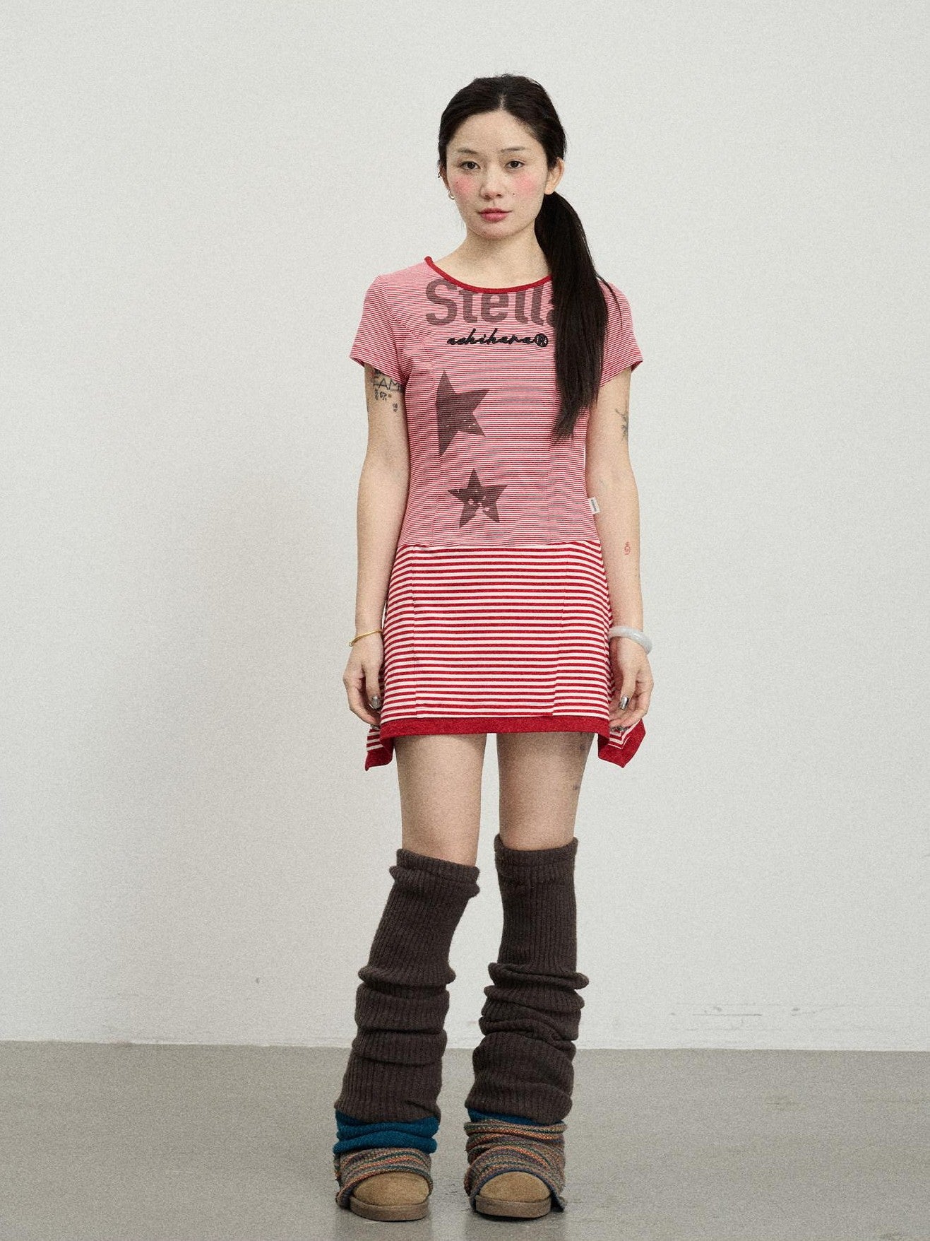 Achihara Star Striped Splice Short Sleeve T Shirt Women'S Cotton Casual Mini Dresses