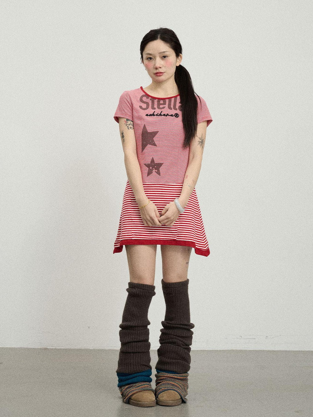 Achihara Star Striped Splice Short Sleeve T Shirt Women'S Cotton Casual Mini Dresses