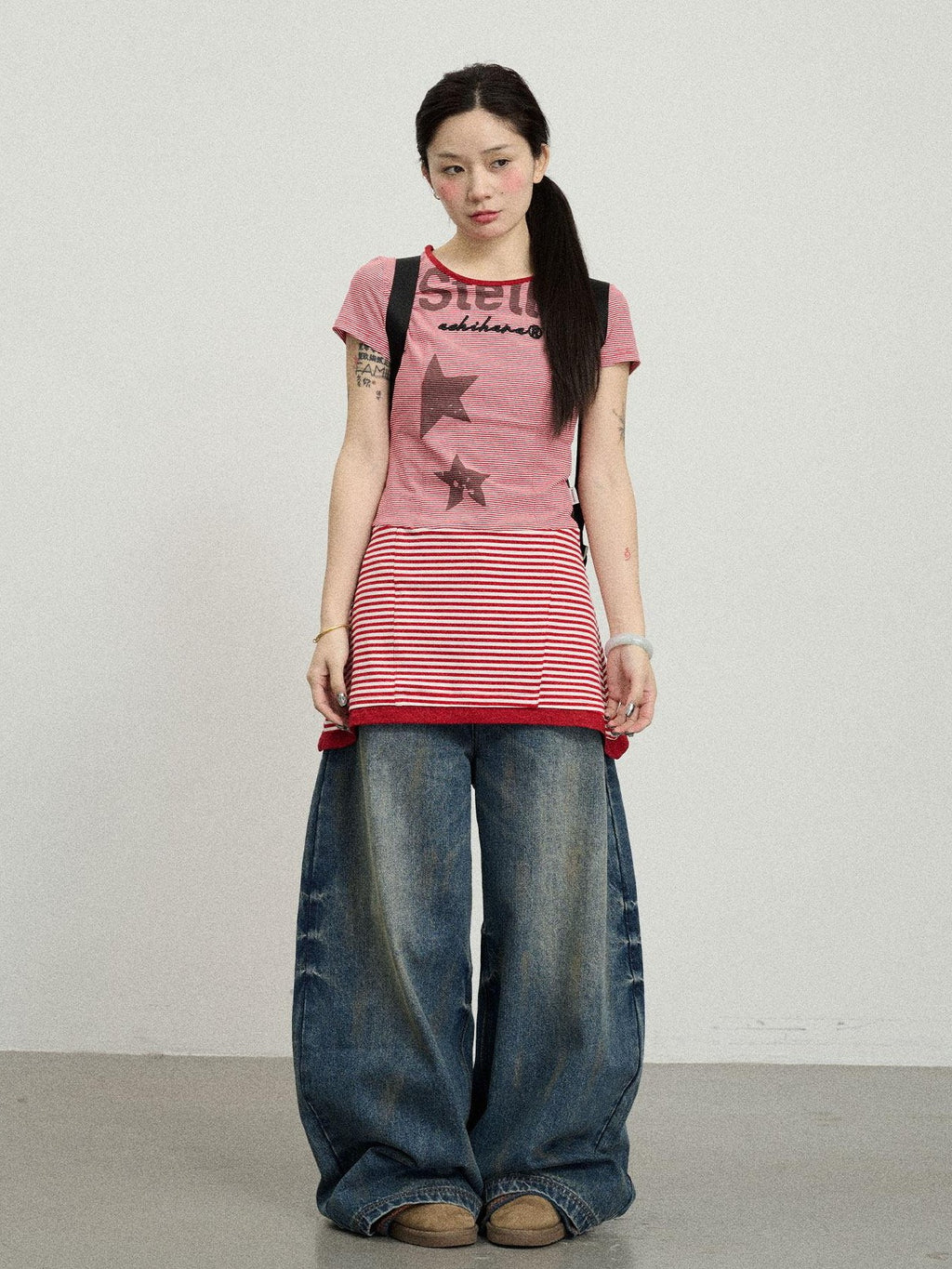 Achihara Star Striped Splice Short Sleeve T Shirt Women'S Cotton Casual Mini Dresses