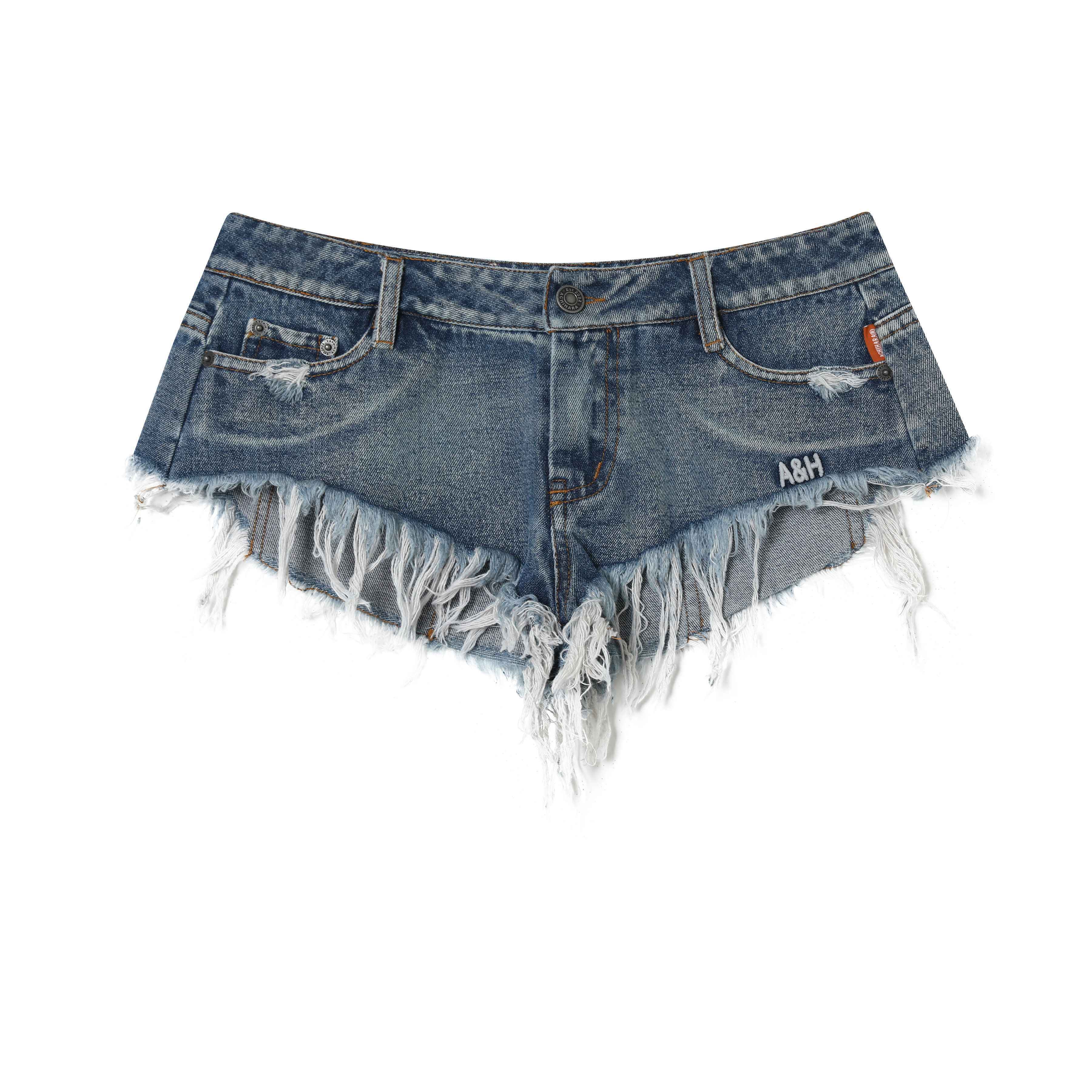 Achihara_Stonewash_Fringe_Hem_Triangle_Cut_Low_Waist_Women'S_Denim_Shorts_MISSTT