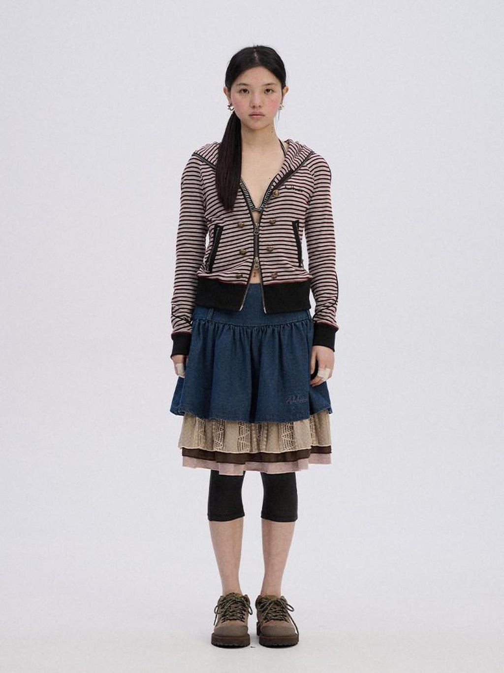 Achihara Striped Cropped Hooded Zipper Straight Women'S Cotton Blend Hoodies