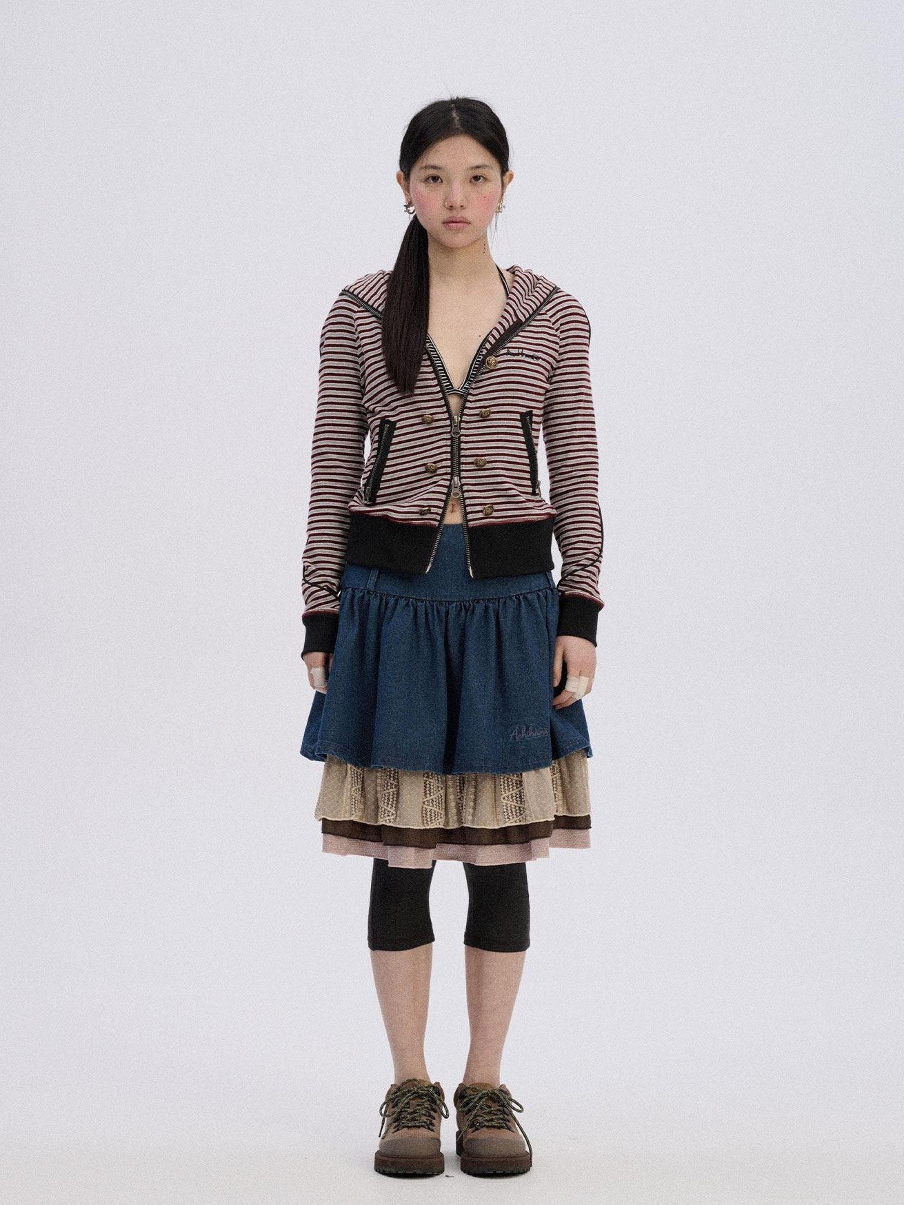 Achihara Striped Cropped Hooded Zipper Straight Women'S Cotton Blend Hoodies