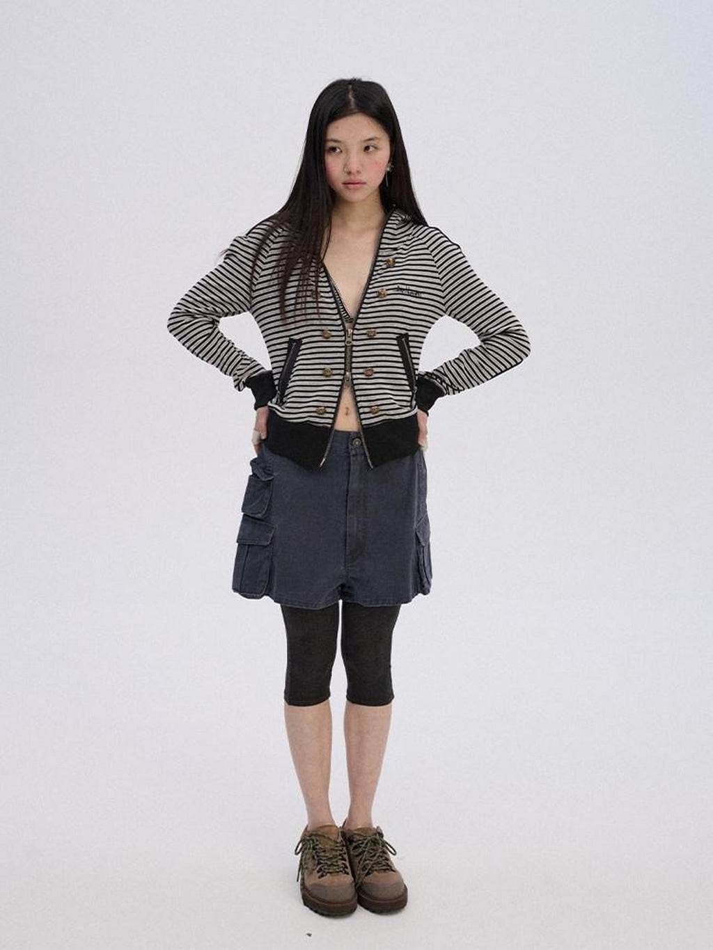 Achihara Striped Cropped Hooded Zipper Straight Women'S Cotton Blend Hoodies