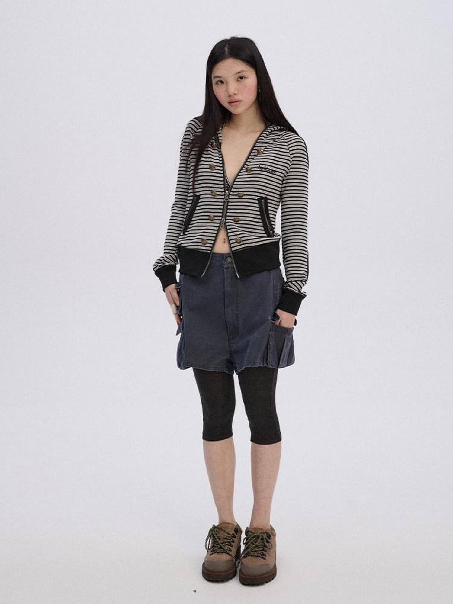 Achihara Striped Cropped Hooded Zipper Straight Women'S Cotton Blend Hoodies