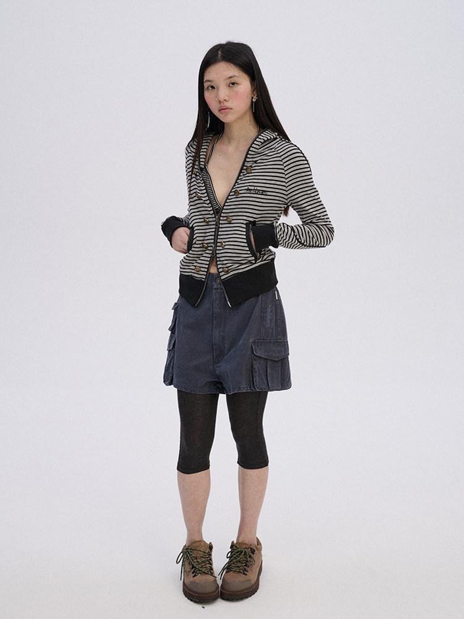 Achihara Striped Cropped Hooded Zipper Straight Women'S Cotton Blend Hoodies