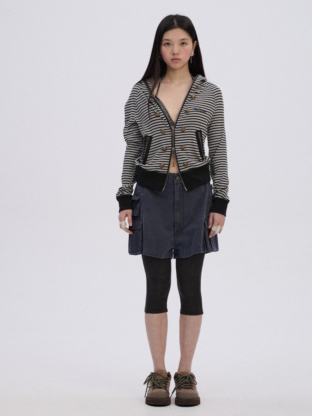 Achihara Striped Cropped Hooded Zipper Straight Women'S Cotton Blend Hoodies