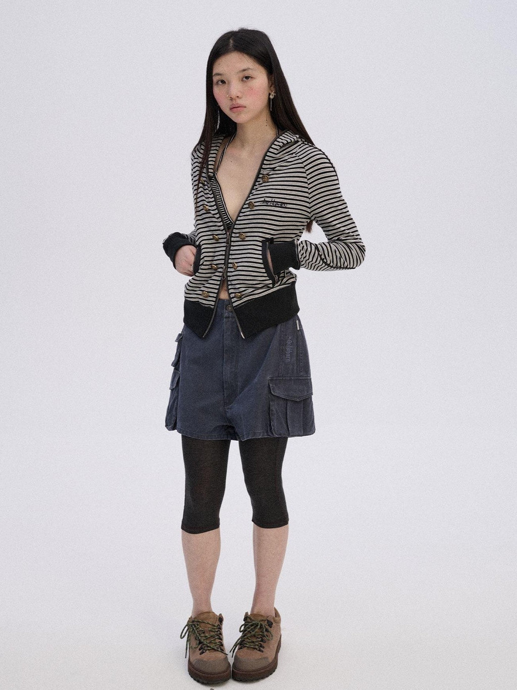 Achihara Striped Cropped Hooded Zipper Straight Women'S Cotton Blend Hoodies