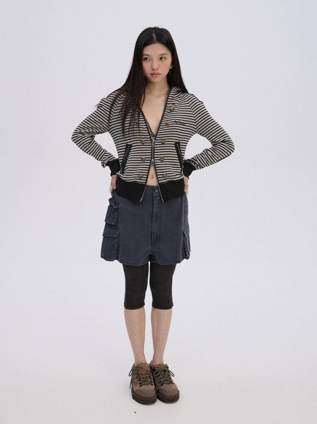 Achihara Striped Cropped Hooded Zipper Straight Women'S Cotton Blend Hoodies