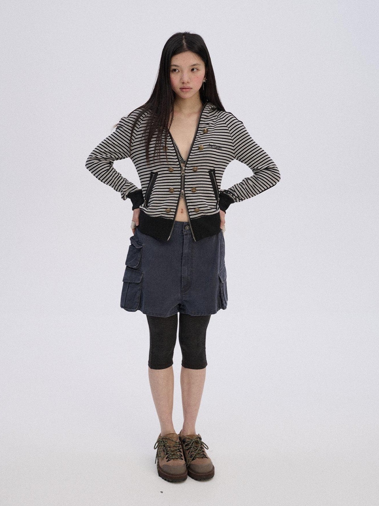 Achihara Striped Cropped Hooded Zipper Straight Women'S Cotton Blend Hoodies