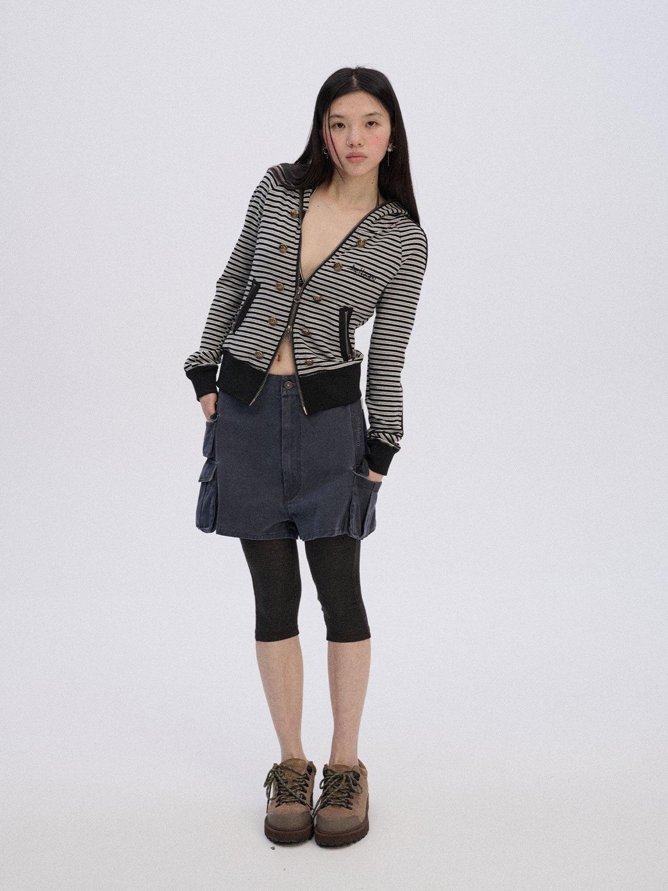 Achihara Striped Cropped Hooded Zipper Straight Women'S Cotton Blend Hoodies