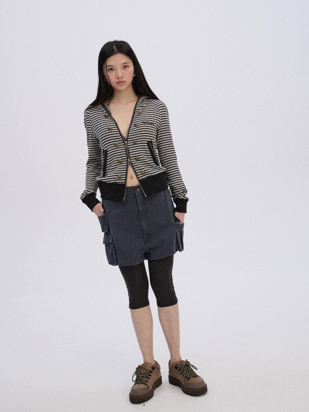 Achihara Striped Cropped Hooded Zipper Straight Women'S Cotton Blend Hoodies