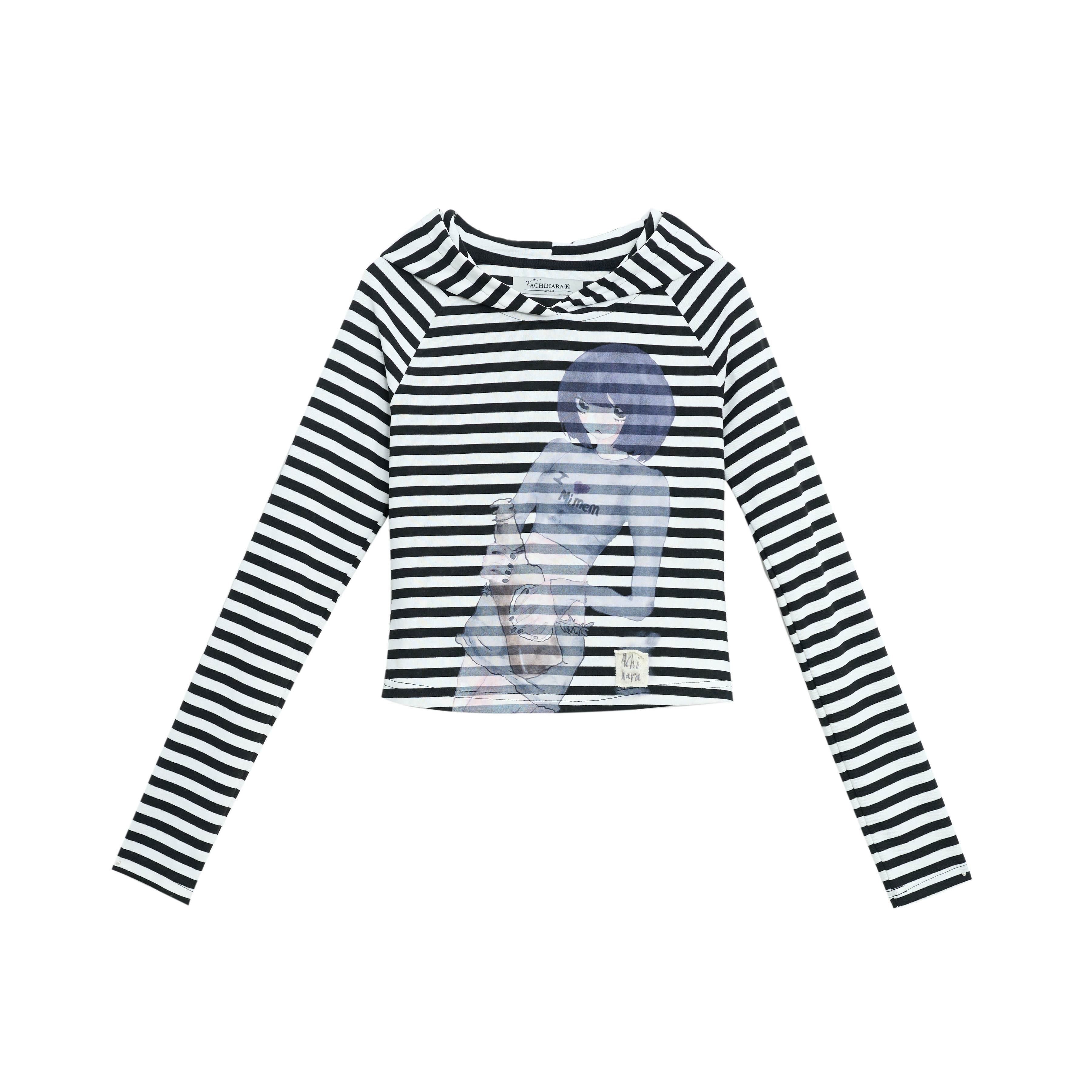 Achihara_Striped_Ink_Wash_Hooded_Women'S_Polyester_Cotton_Blend_Long_Sleeve_T-Shirts_MISSTT