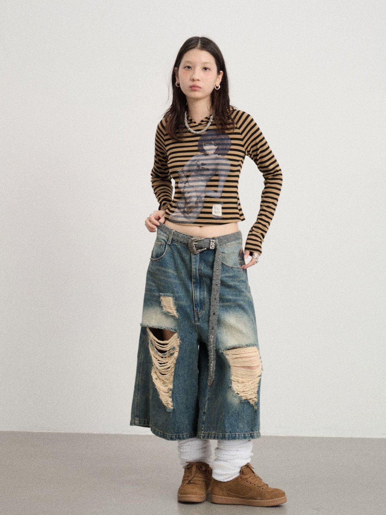 Achihara Striped Ink Wash Hooded Women'S Polyester Cotton Blend Long Sleeve T-Shirts