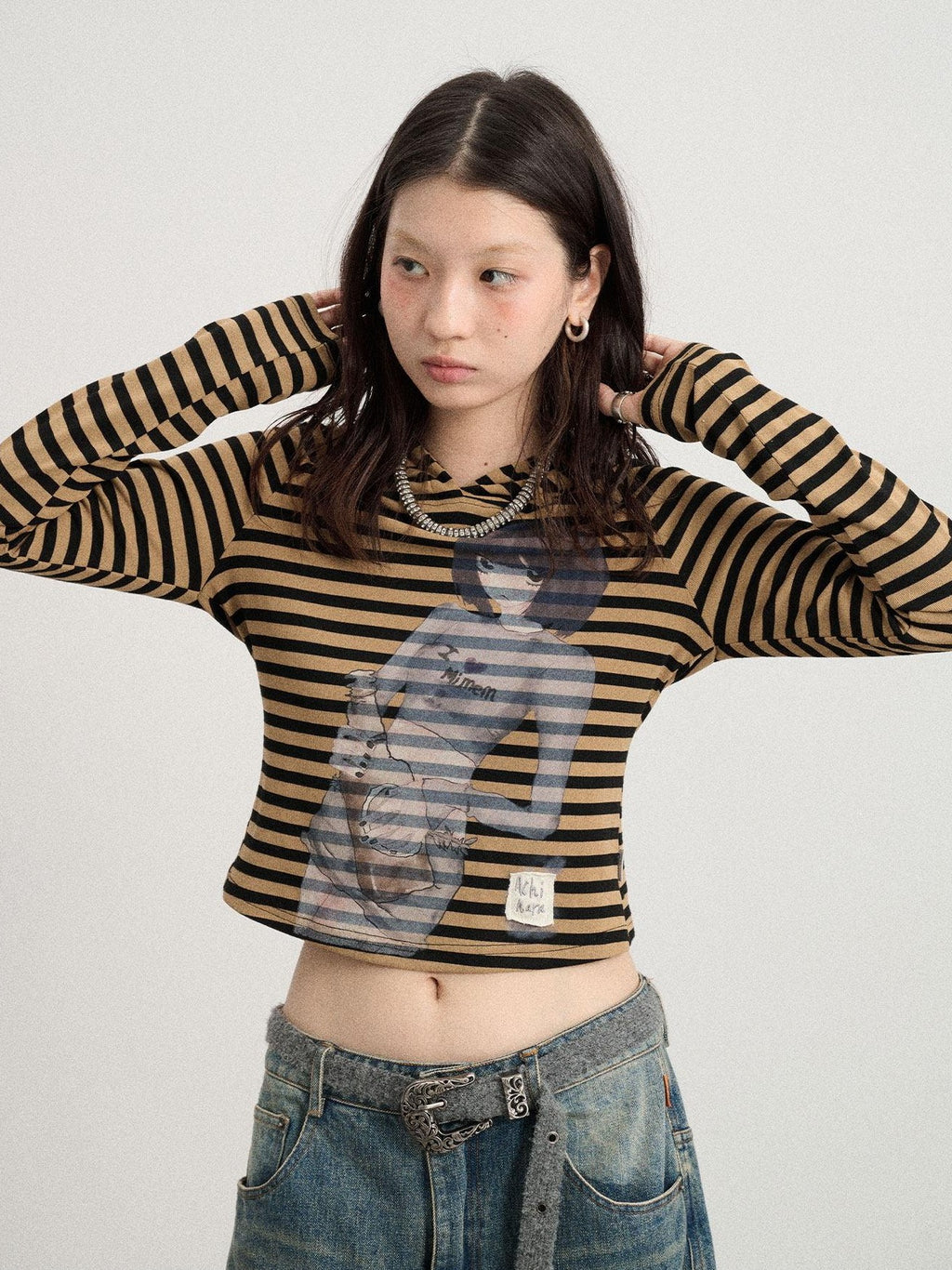 Achihara Striped Ink Wash Hooded Women'S Polyester Cotton Blend Long Sleeve T-Shirts