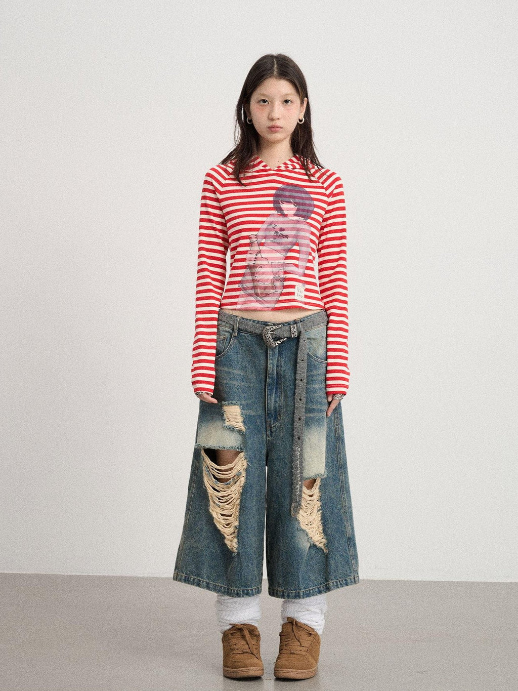 Achihara Striped Ink Wash Hooded Women'S Polyester Cotton Blend Long Sleeve T-Shirts