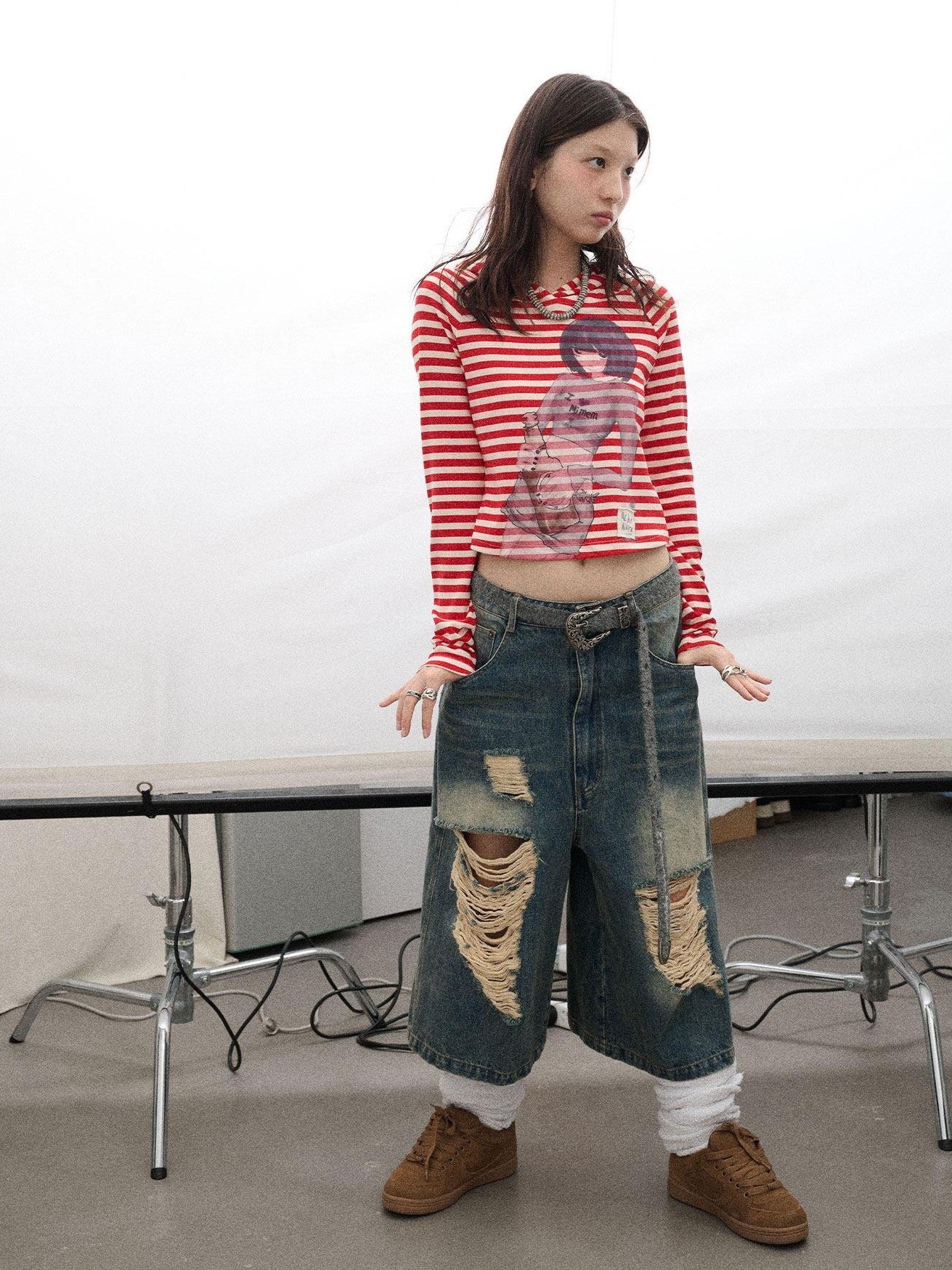 Achihara Striped Ink Wash Hooded Women'S Polyester Cotton Blend Long Sleeve T-Shirts