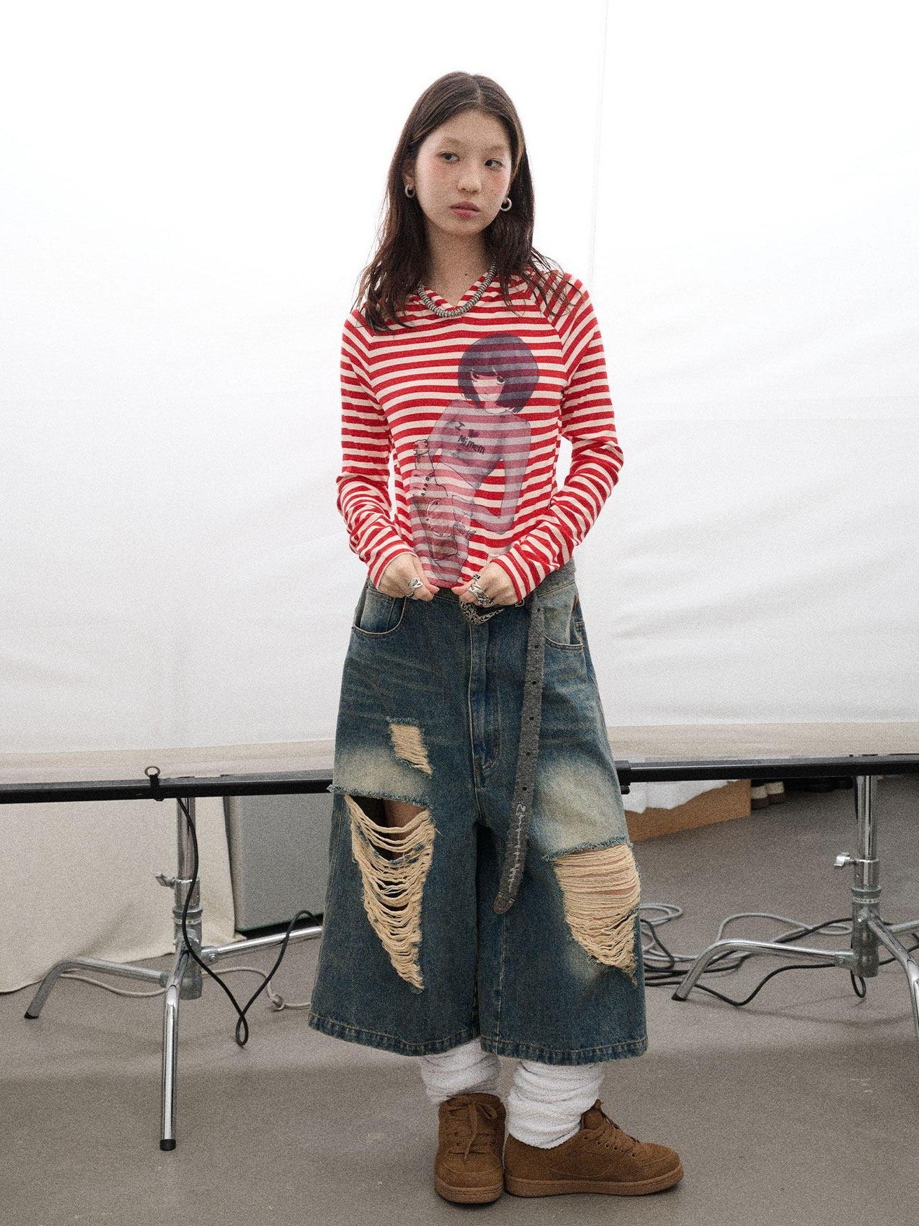 Achihara Striped Ink Wash Hooded Women'S Polyester Cotton Blend Long Sleeve T-Shirts