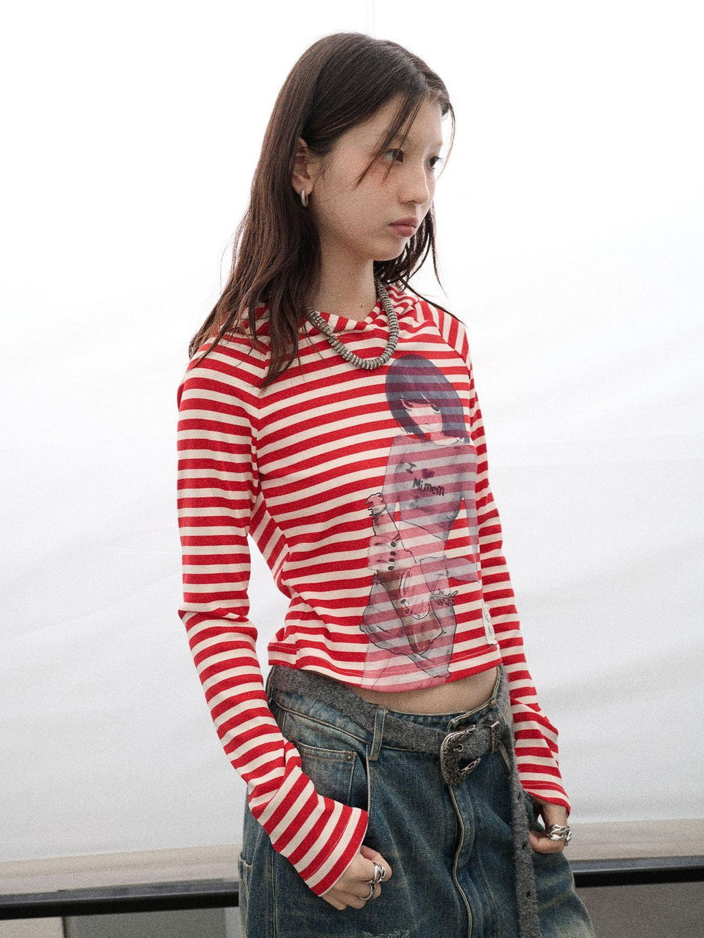 Achihara Striped Ink Wash Hooded Women'S Polyester Cotton Blend Long Sleeve T-Shirts