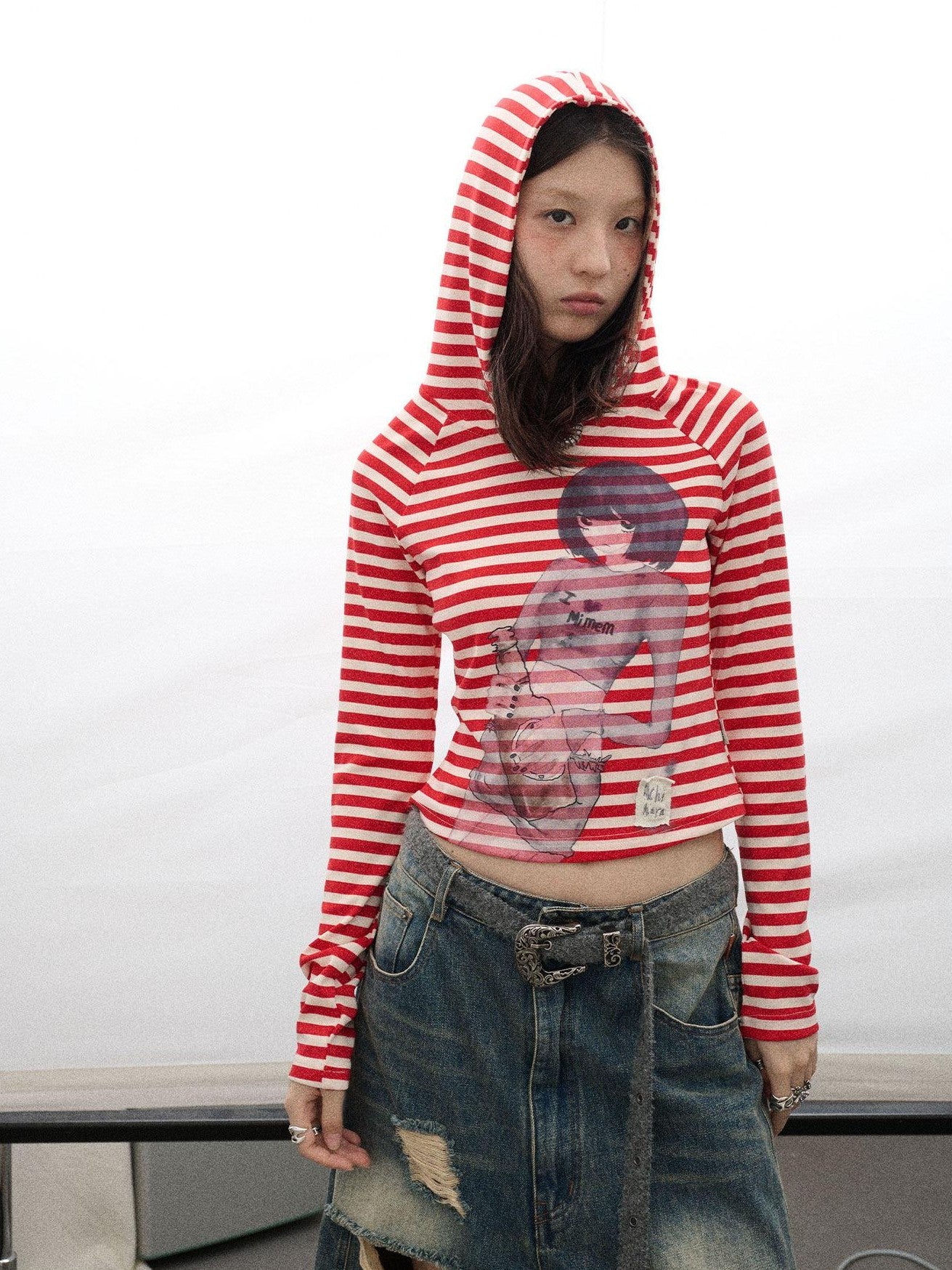 Achihara Striped Ink Wash Hooded Women'S Polyester Cotton Blend Long Sleeve T-Shirts
