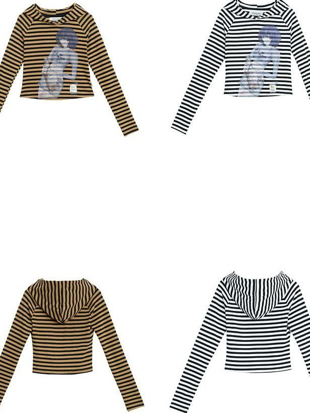 Achihara Striped Ink Wash Hooded Women'S Polyester Cotton Blend Long Sleeve T-Shirts