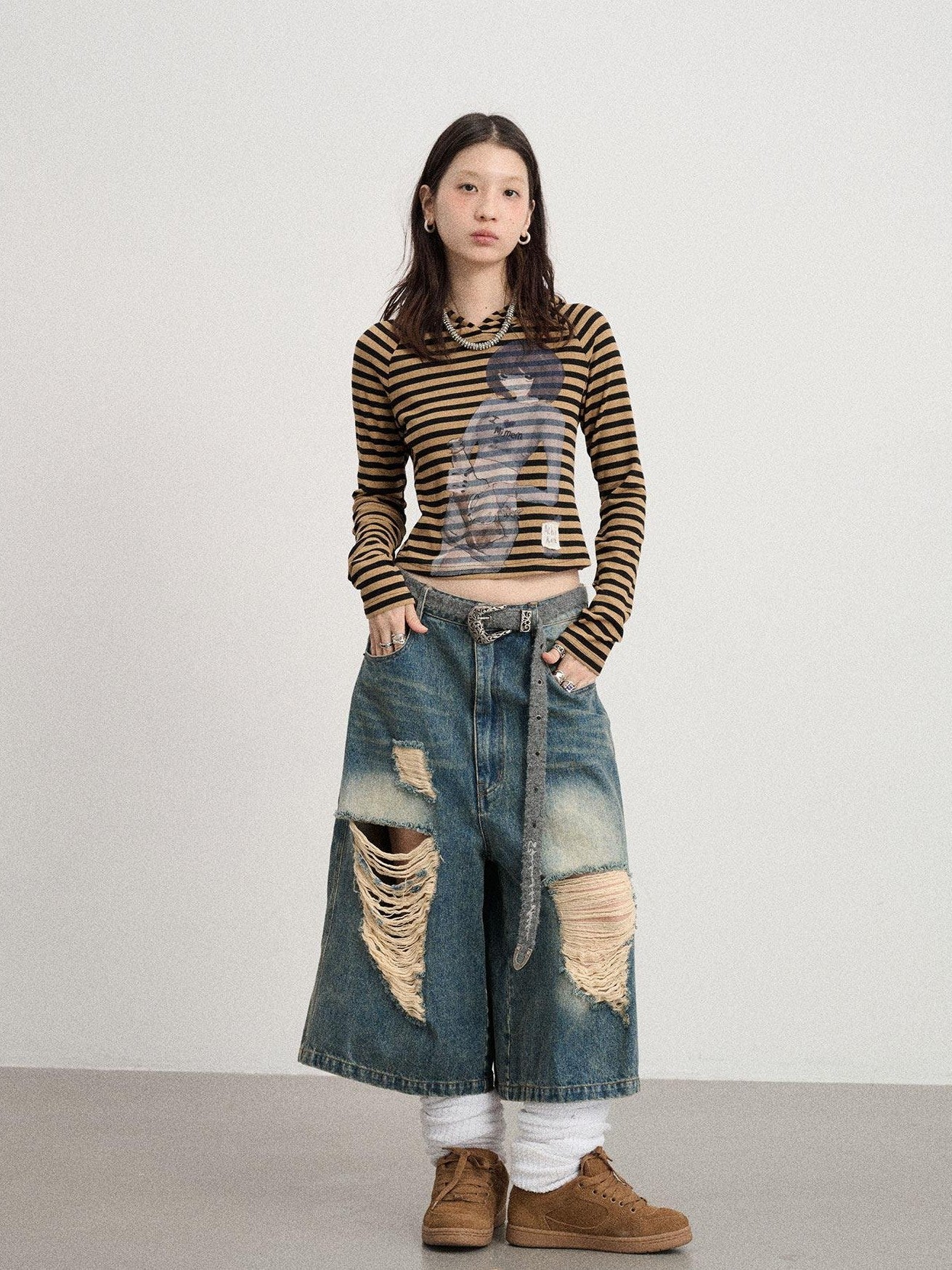 Achihara Striped Ink Wash Hooded Women'S Polyester Cotton Blend Long Sleeve T-Shirts