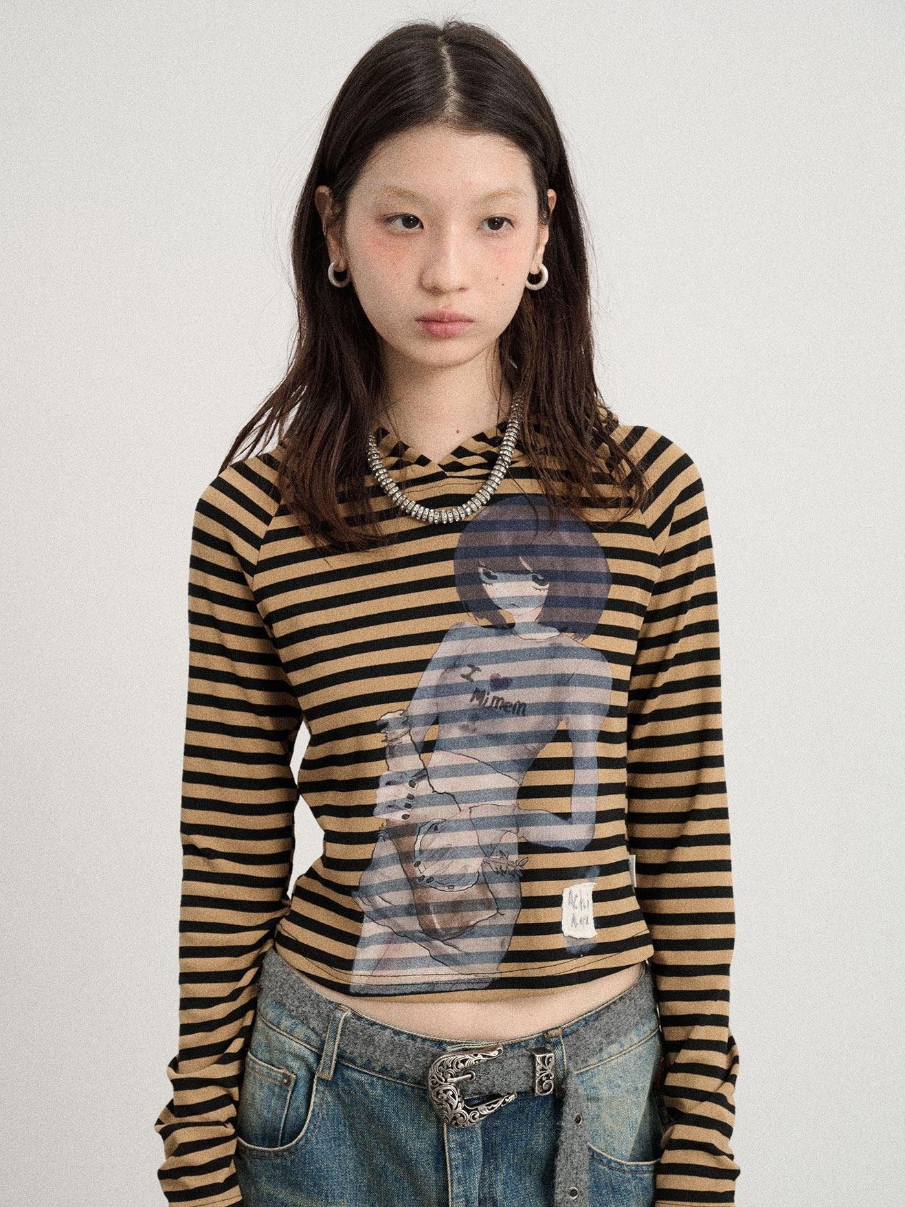 Achihara Striped Ink Wash Hooded Women'S Polyester Cotton Blend Long Sleeve T-Shirts