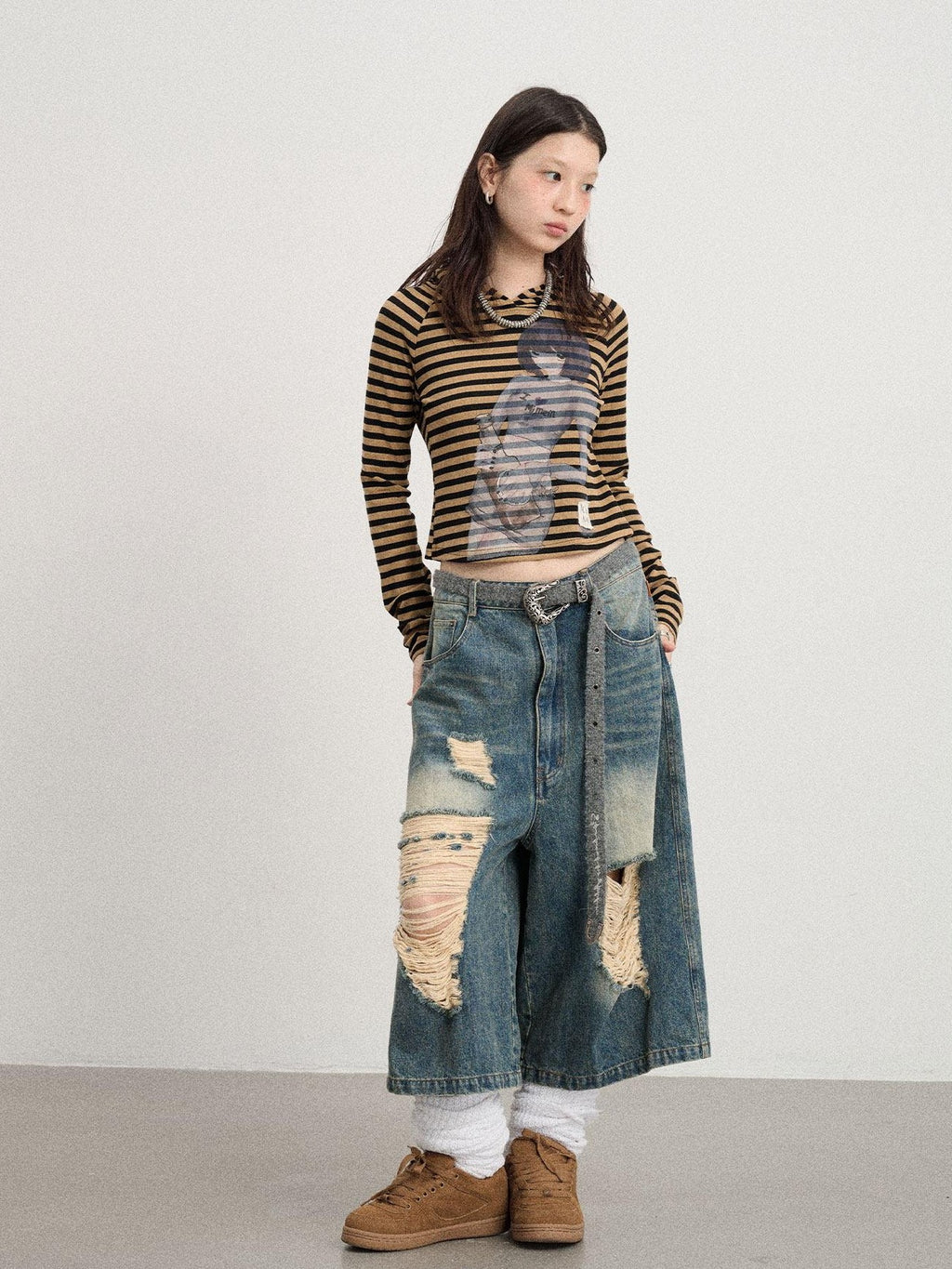Achihara Striped Ink Wash Hooded Women'S Polyester Cotton Blend Long Sleeve T-Shirts