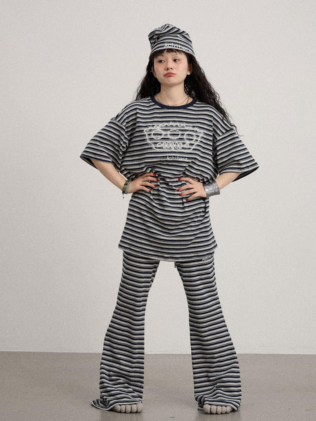 Achihara Striped Loose Fit Crew Neck Women'S Cotton Spandex Short Sleeve T-Shirts