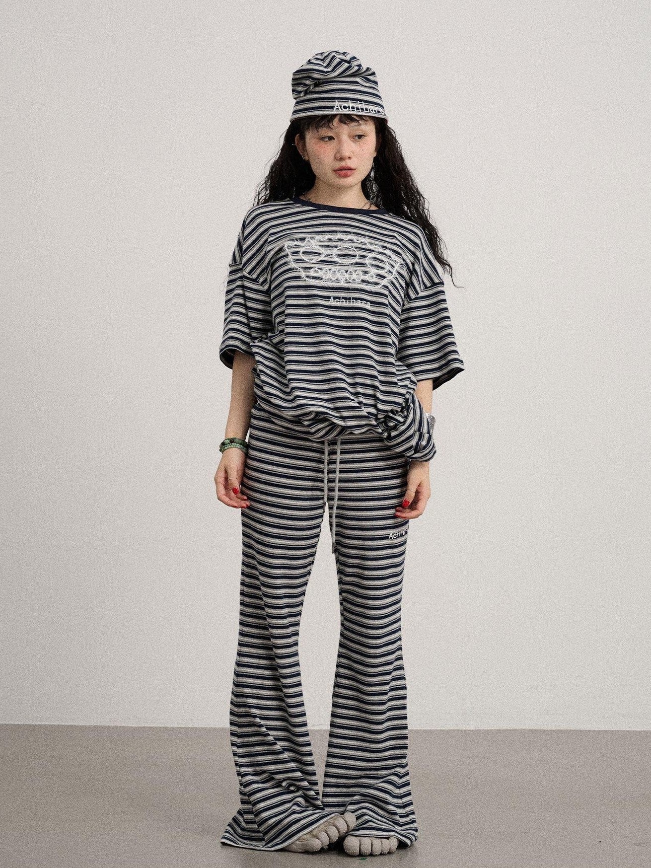 Achihara Striped Loose Fit Crew Neck Women'S Cotton Spandex Short Sleeve T-Shirts