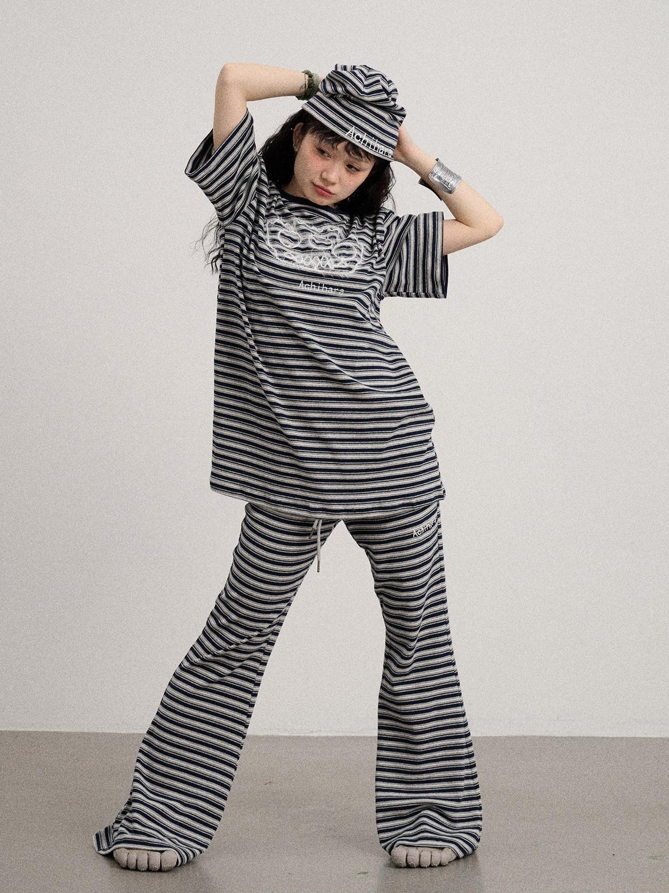 Achihara Striped Loose Fit Crew Neck Women'S Cotton Spandex Short Sleeve T-Shirts
