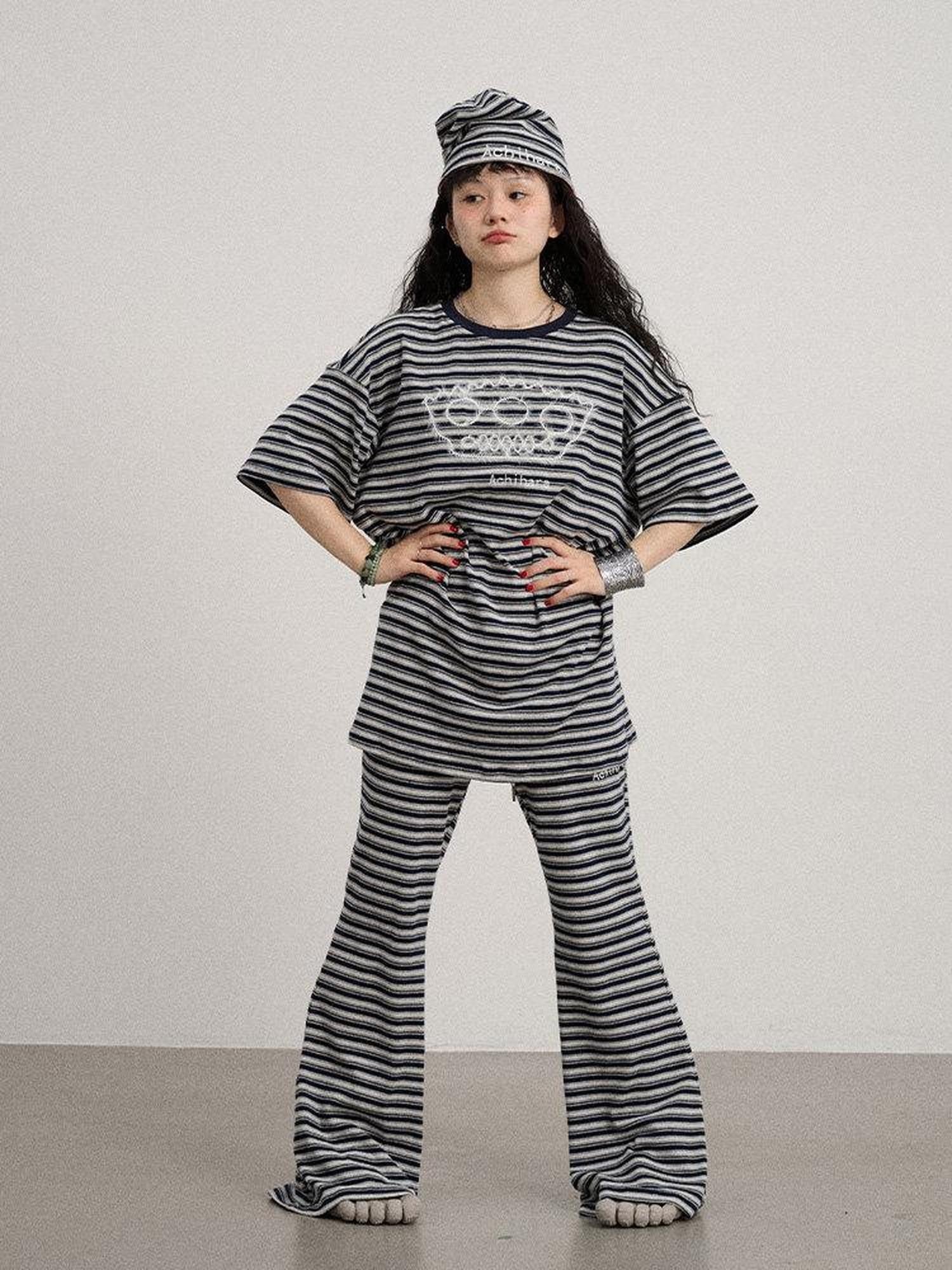 Achihara Striped Loose Fit Crew Neck Women'S Cotton Spandex Short Sleeve T-Shirts