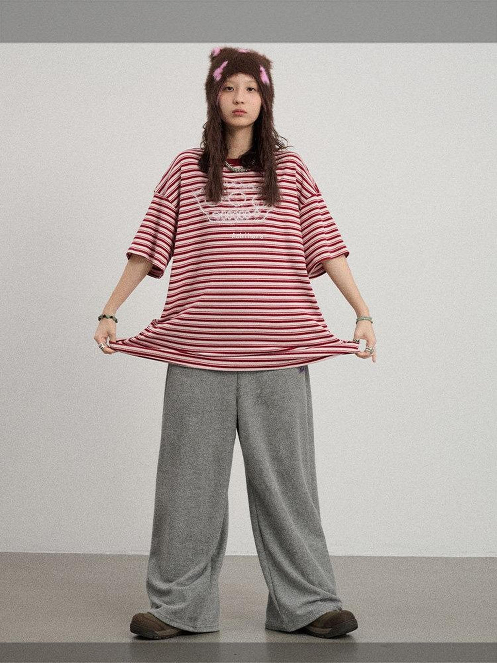 Achihara Striped Loose Fit Crew Neck Women'S Cotton Spandex Short Sleeve T-Shirts