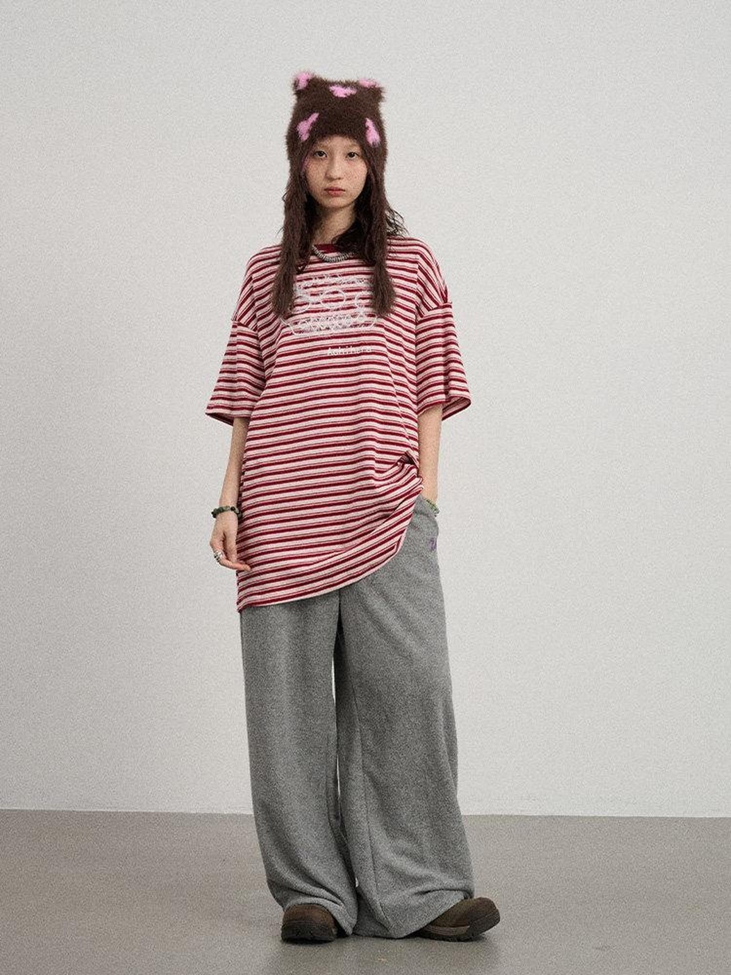 Achihara Striped Loose Fit Crew Neck Women'S Cotton Spandex Short Sleeve T-Shirts