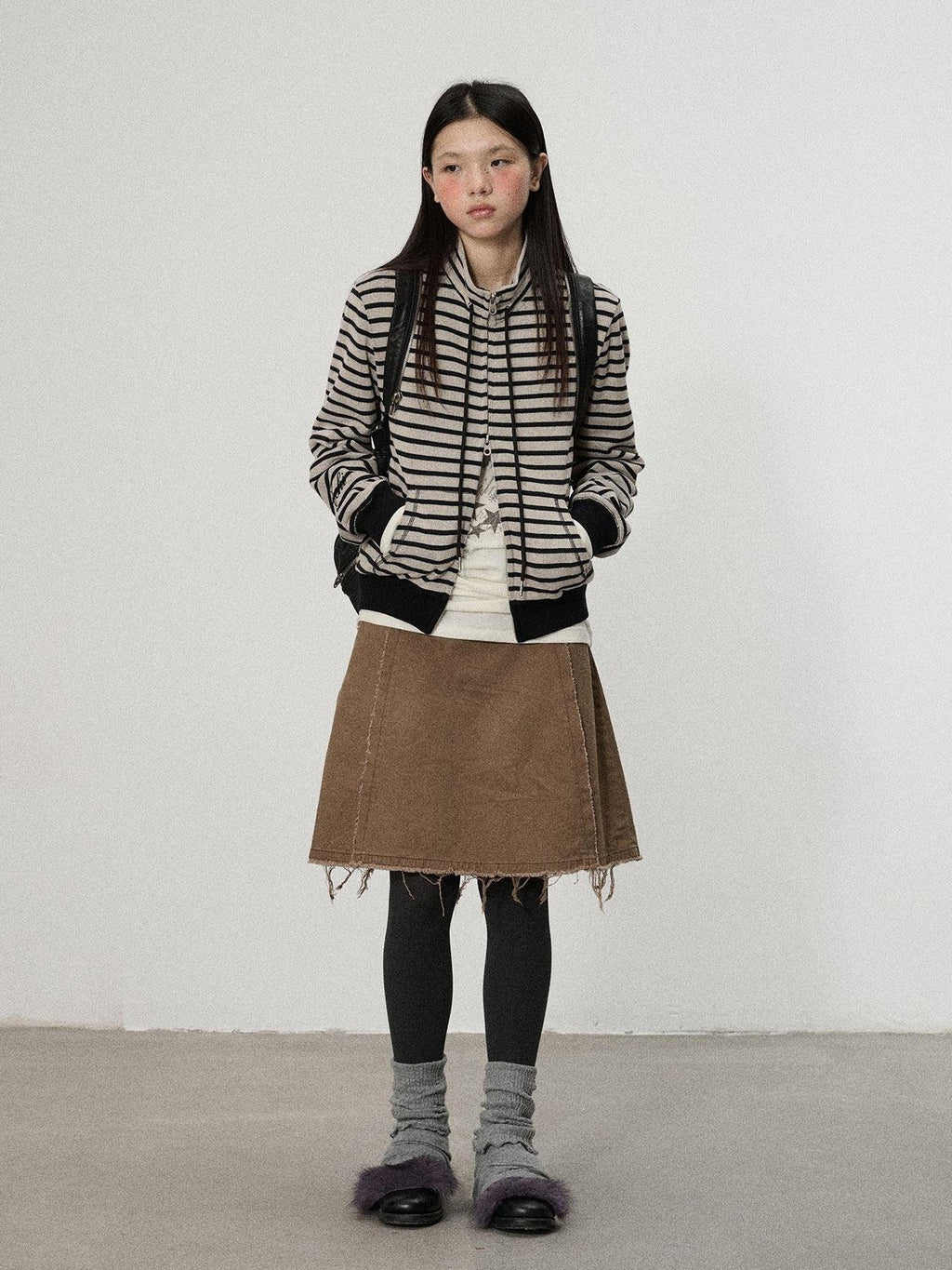 Achihara Striped Mushroom Back Cotton Blend Straight Commuter Women Sweatshirts