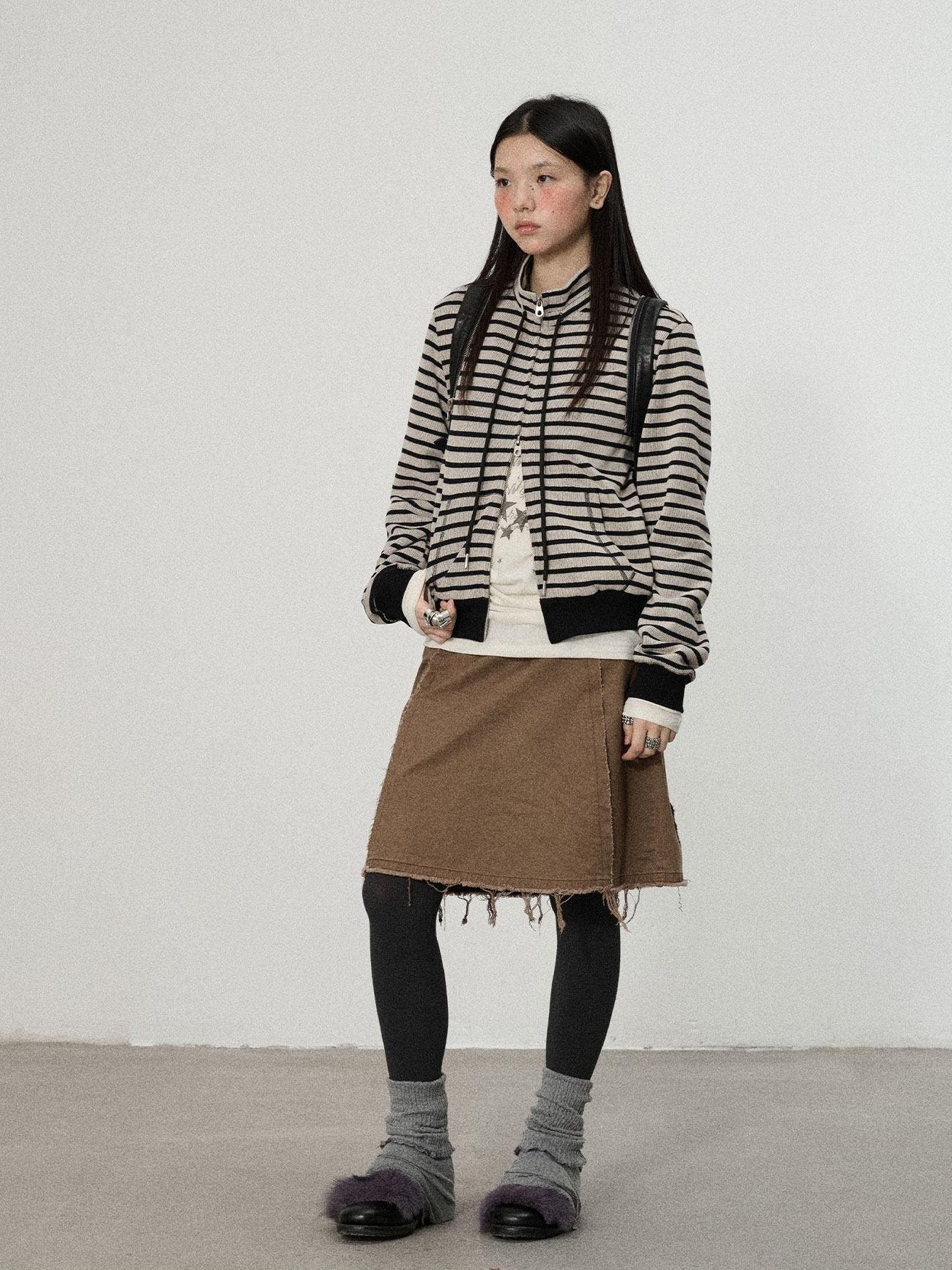 Achihara Striped Mushroom Back Cotton Blend Straight Commuter Women Sweatshirts