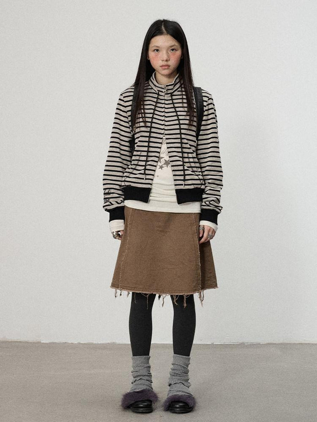 Achihara Striped Mushroom Back Cotton Blend Straight Commuter Women Sweatshirts