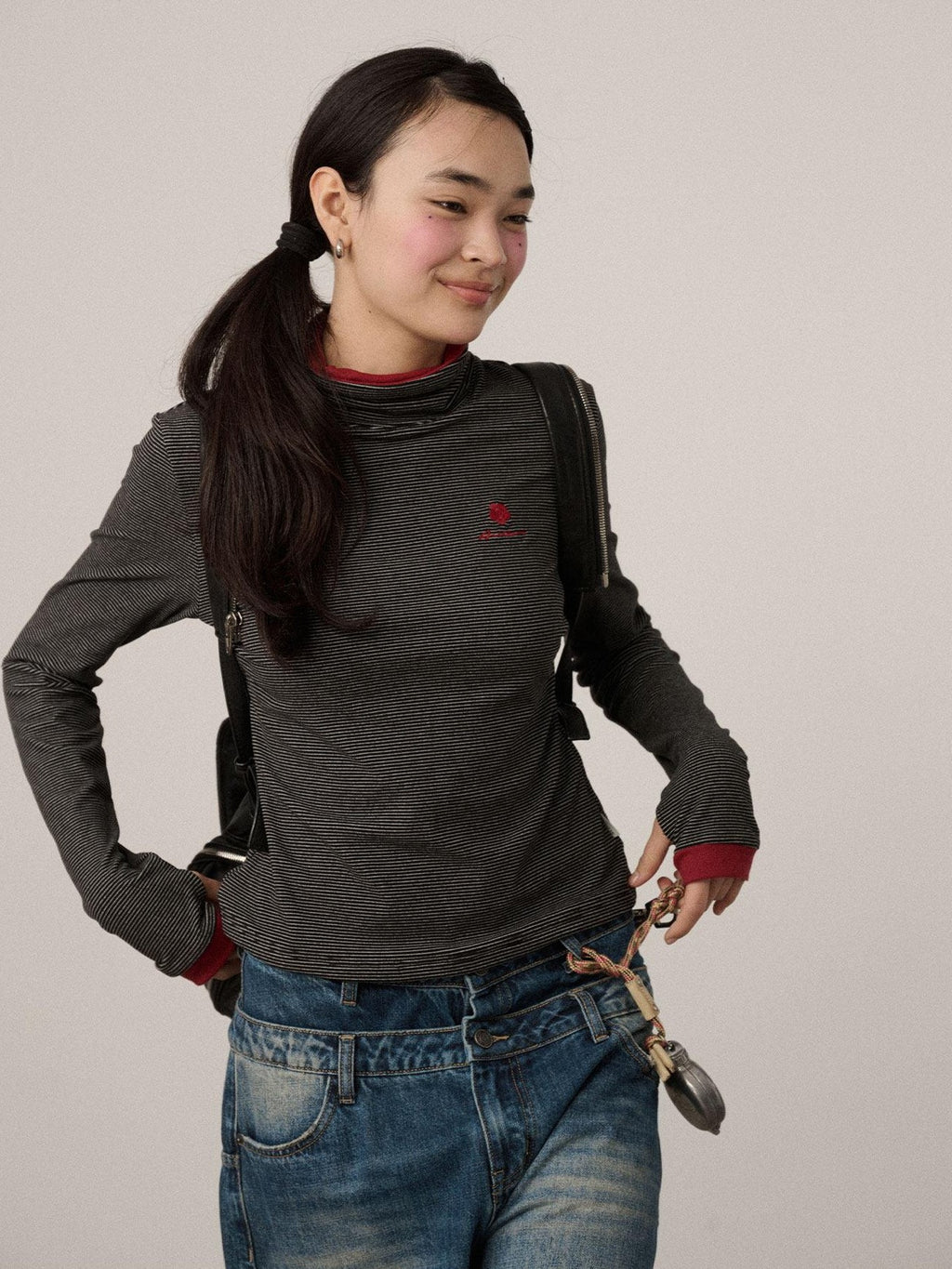 Achihara Striped Patchwork High Neck Women'S Viscose Knit Long Sleeve T-Shirts