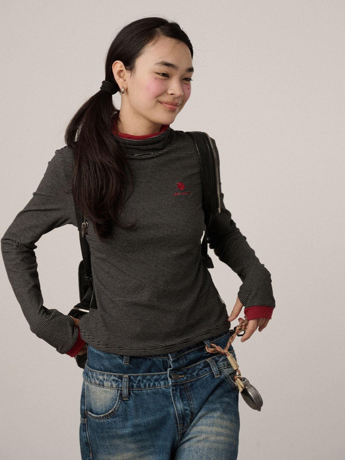 Achihara Striped Patchwork High Neck Women'S Viscose Knit Long Sleeve T-Shirts