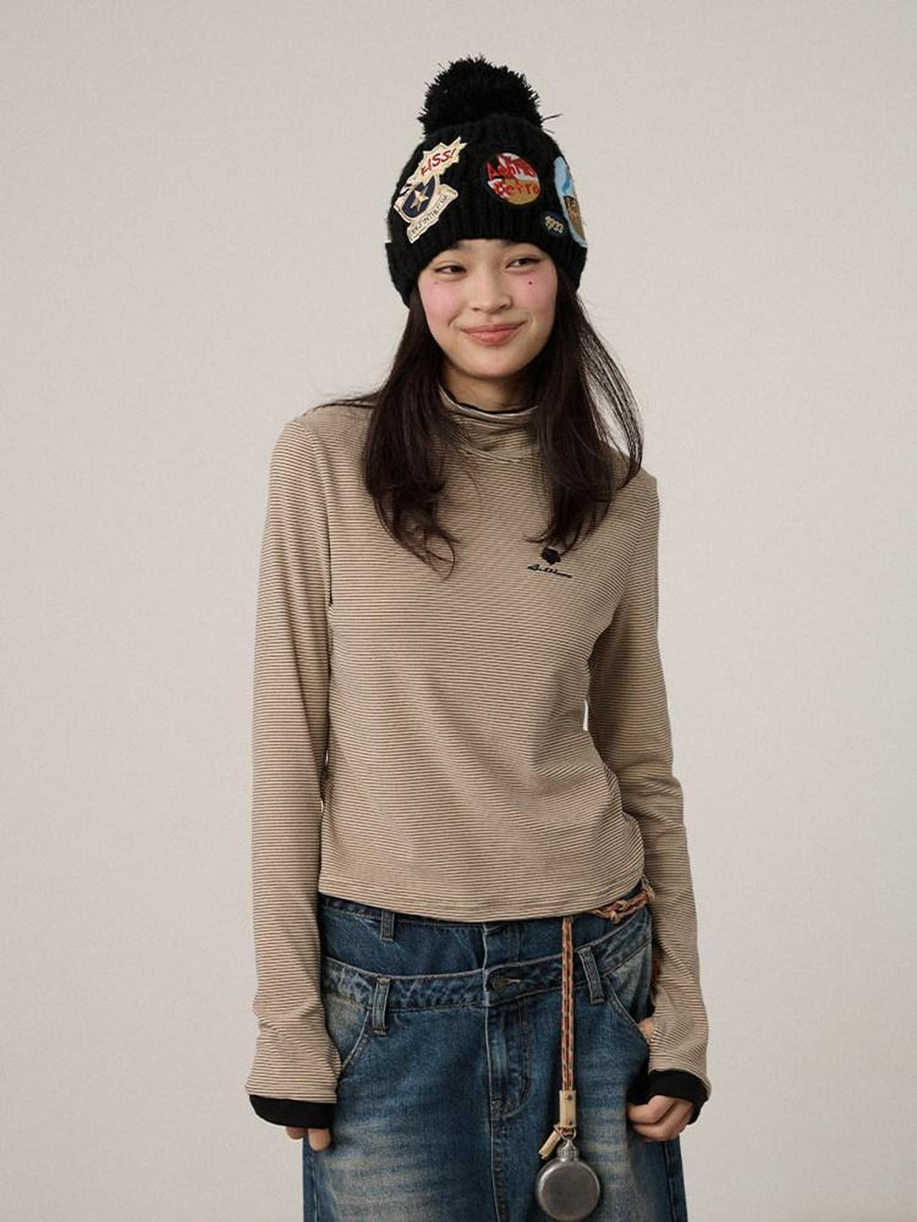 Achihara Striped Patchwork High Neck Women'S Viscose Knit Long Sleeve T-Shirts