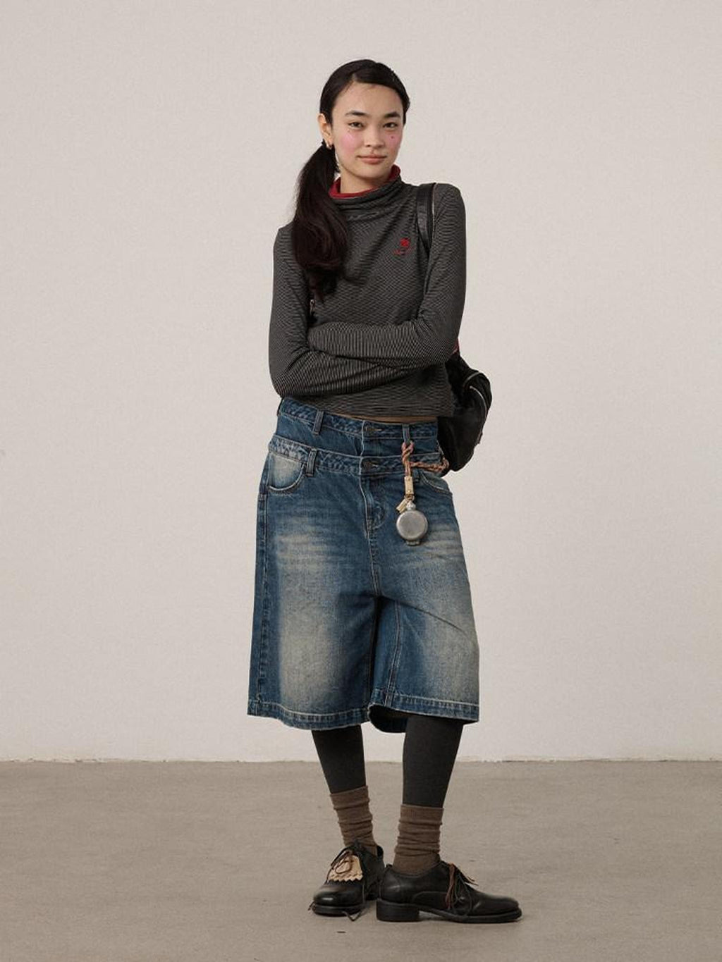 Achihara Striped Patchwork High Neck Women'S Viscose Knit Long Sleeve T-Shirts