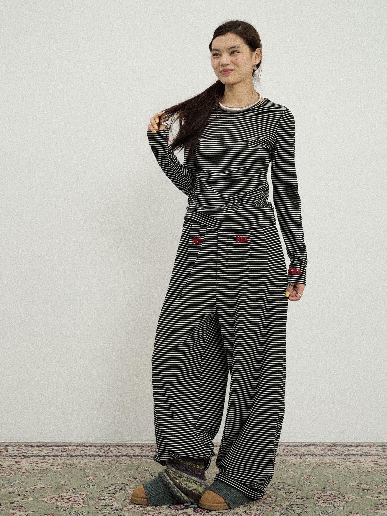 Achihara Striped Slim Fit Round Neck Women'S Polyester Spandex Long Sleeve T-Shirts