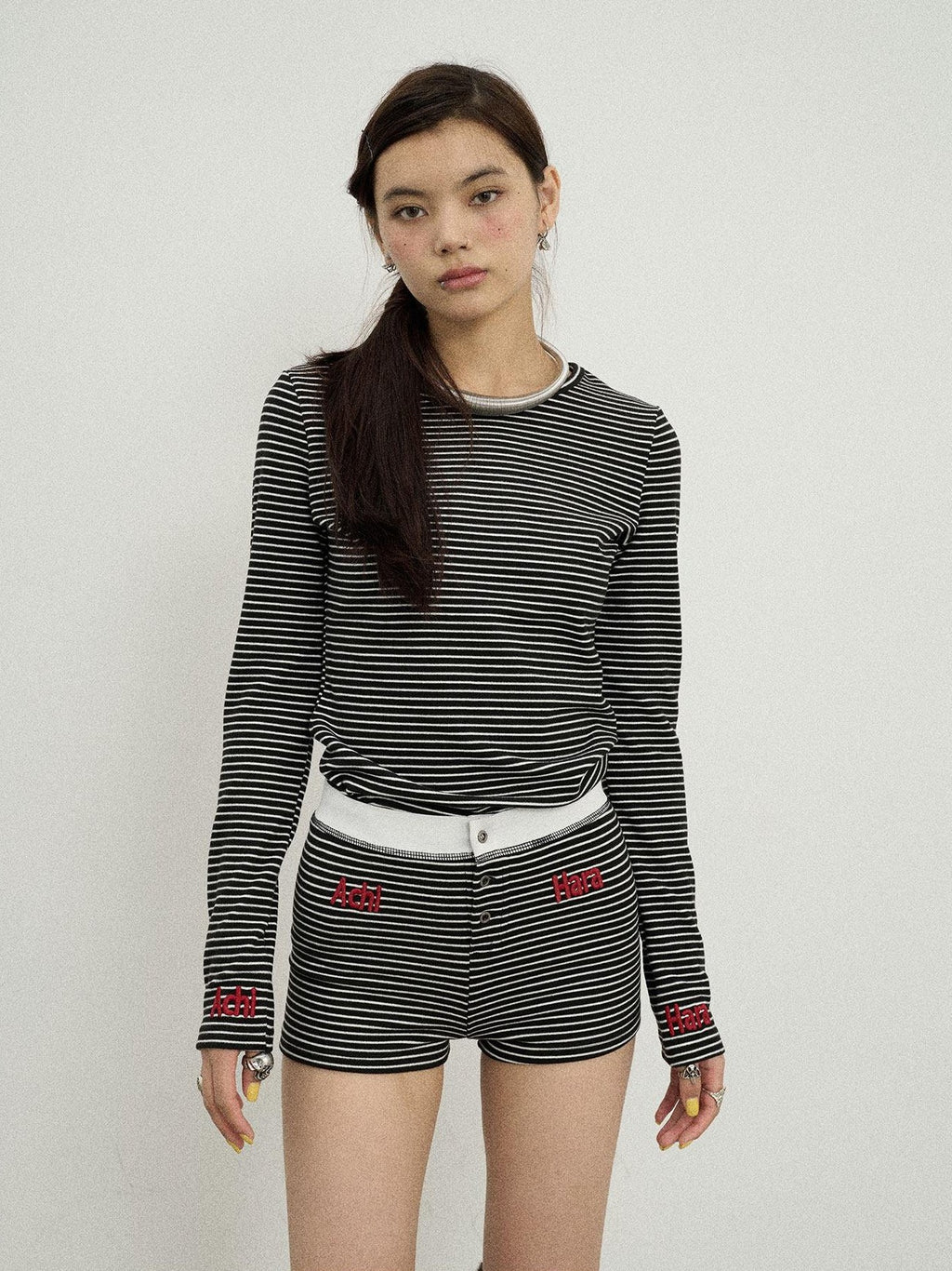 Achihara Striped Slim Fit Round Neck Women'S Polyester Spandex Long Sleeve T-Shirts