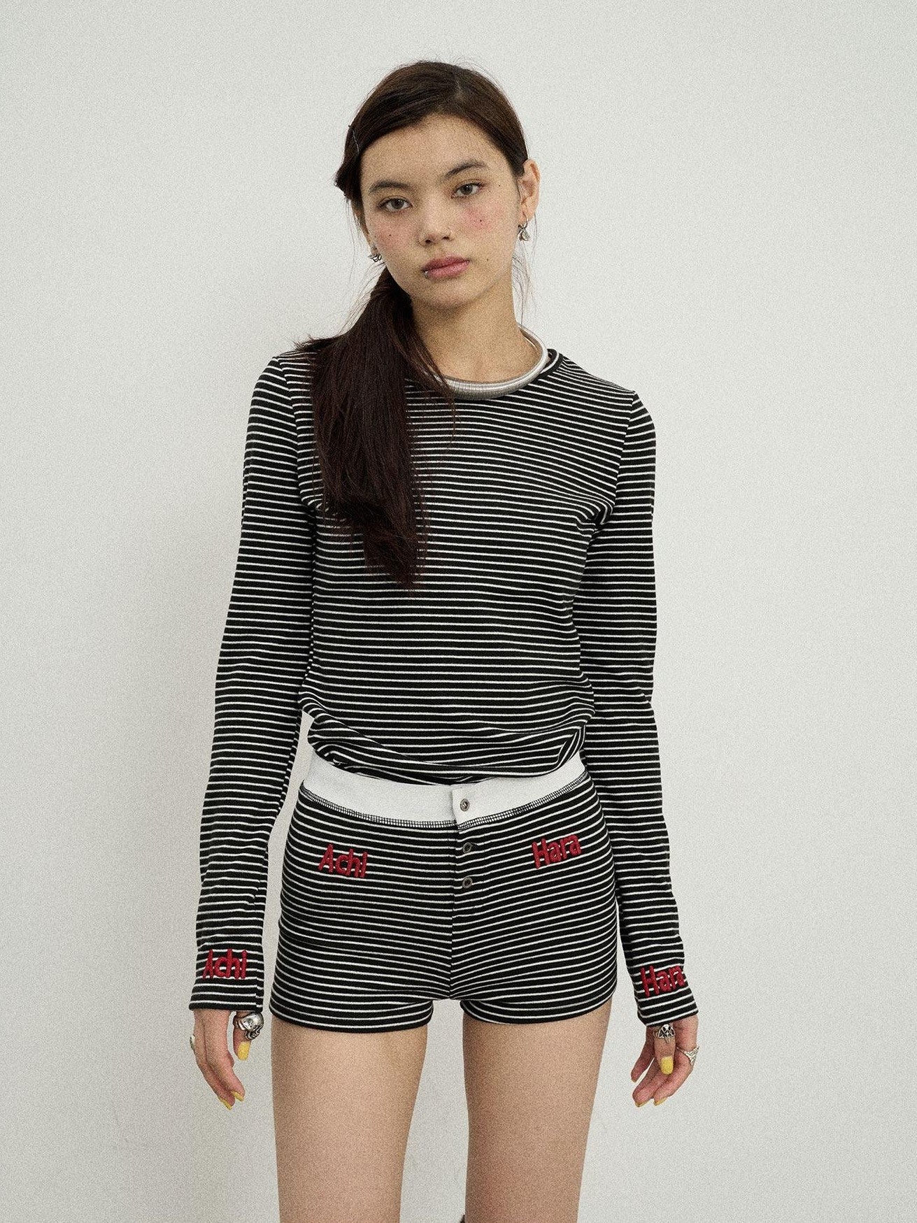Achihara Striped Slim Fit Round Neck Women'S Polyester Spandex Long Sleeve T-Shirts