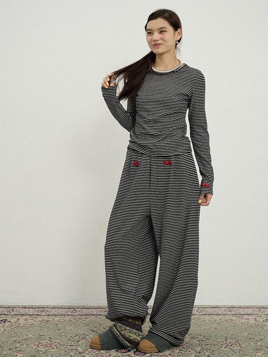 Achihara Striped Slim Fit Round Neck Women'S Polyester Spandex Long Sleeve T-Shirts