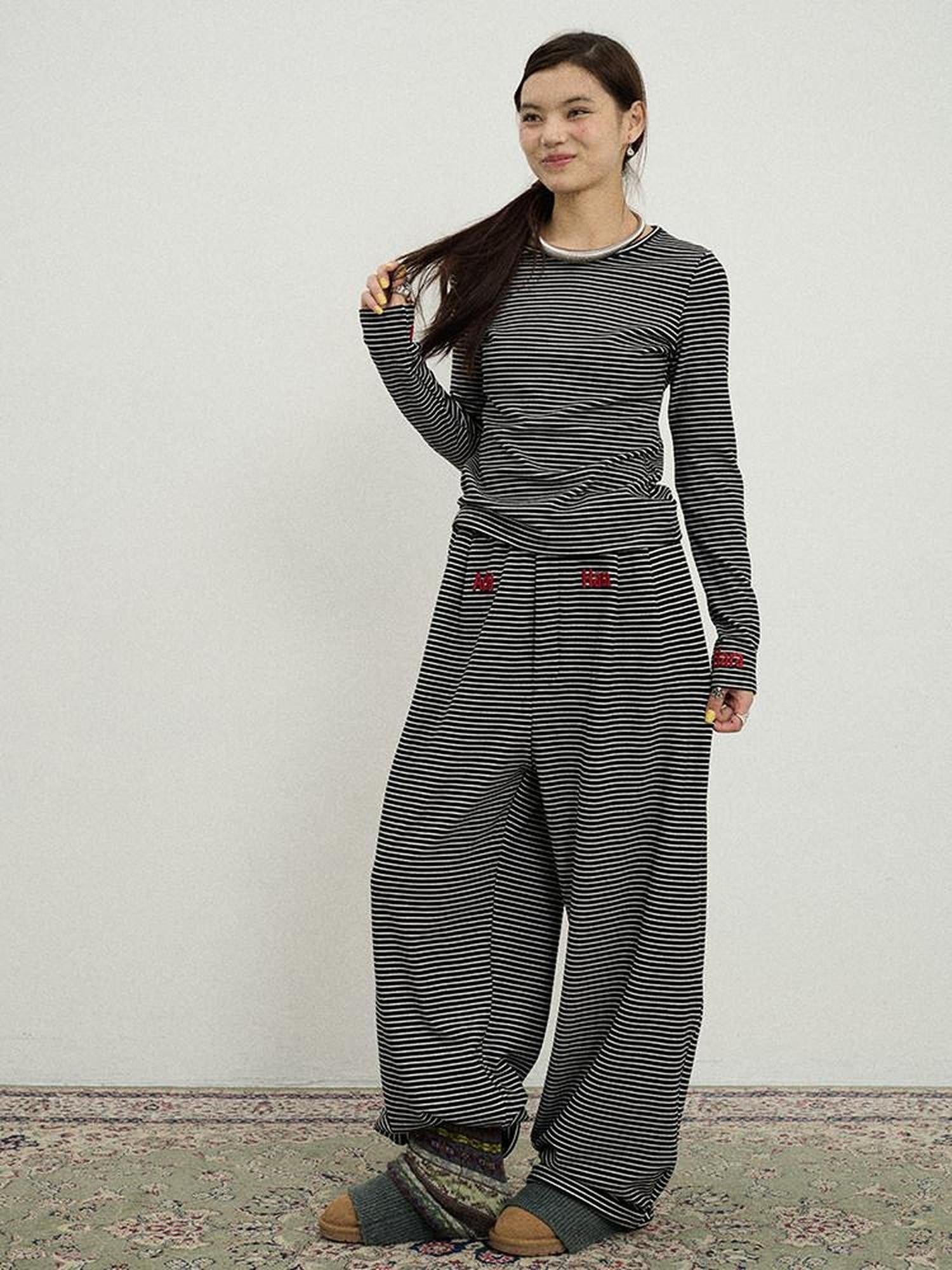 Achihara Striped Slim Fit Round Neck Women'S Polyester Spandex Long Sleeve T-Shirts