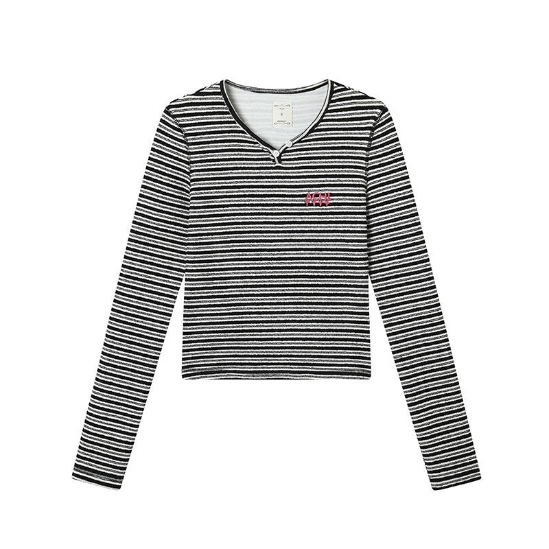 Achihara_Striped_V-neck_Cropped_Women'S_Polyester_Cotton_Blend_Long_Sleeve_T-Shirts_MISSTT