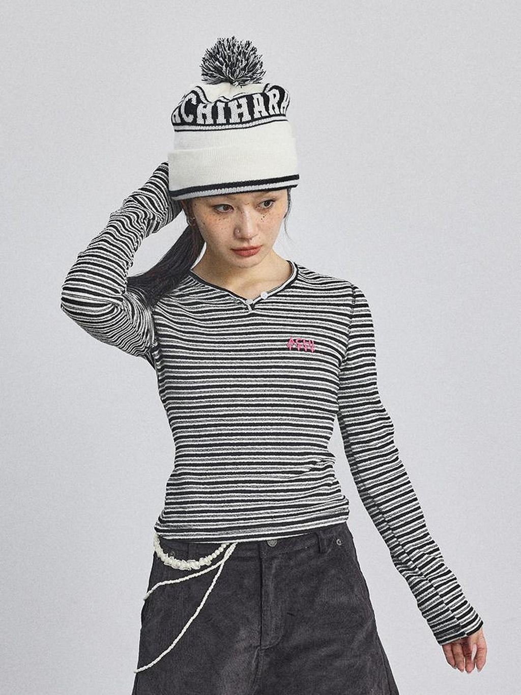 Achihara Striped V-neck Cropped Women'S Polyester Cotton Blend Long Sleeve T-Shirts