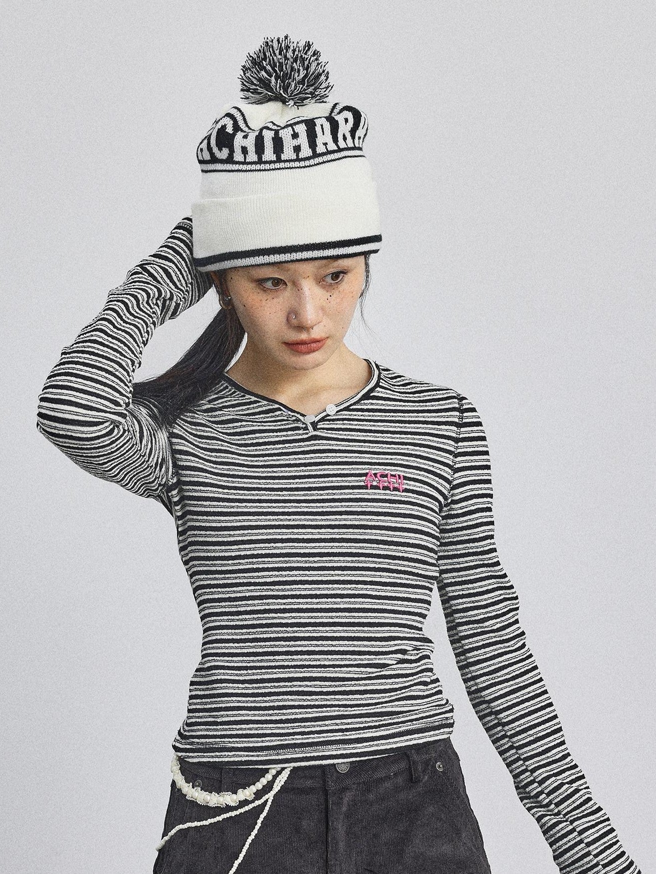 Achihara Striped V-neck Cropped Women'S Polyester Cotton Blend Long Sleeve T-Shirts