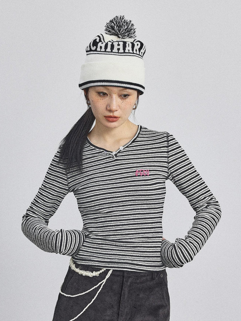 Achihara Striped V-neck Cropped Women'S Polyester Cotton Blend Long Sleeve T-Shirts